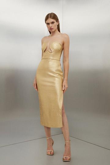Gold Metallic Foiled Figure Form Bandage Corset Detail Knit Midi Dress
