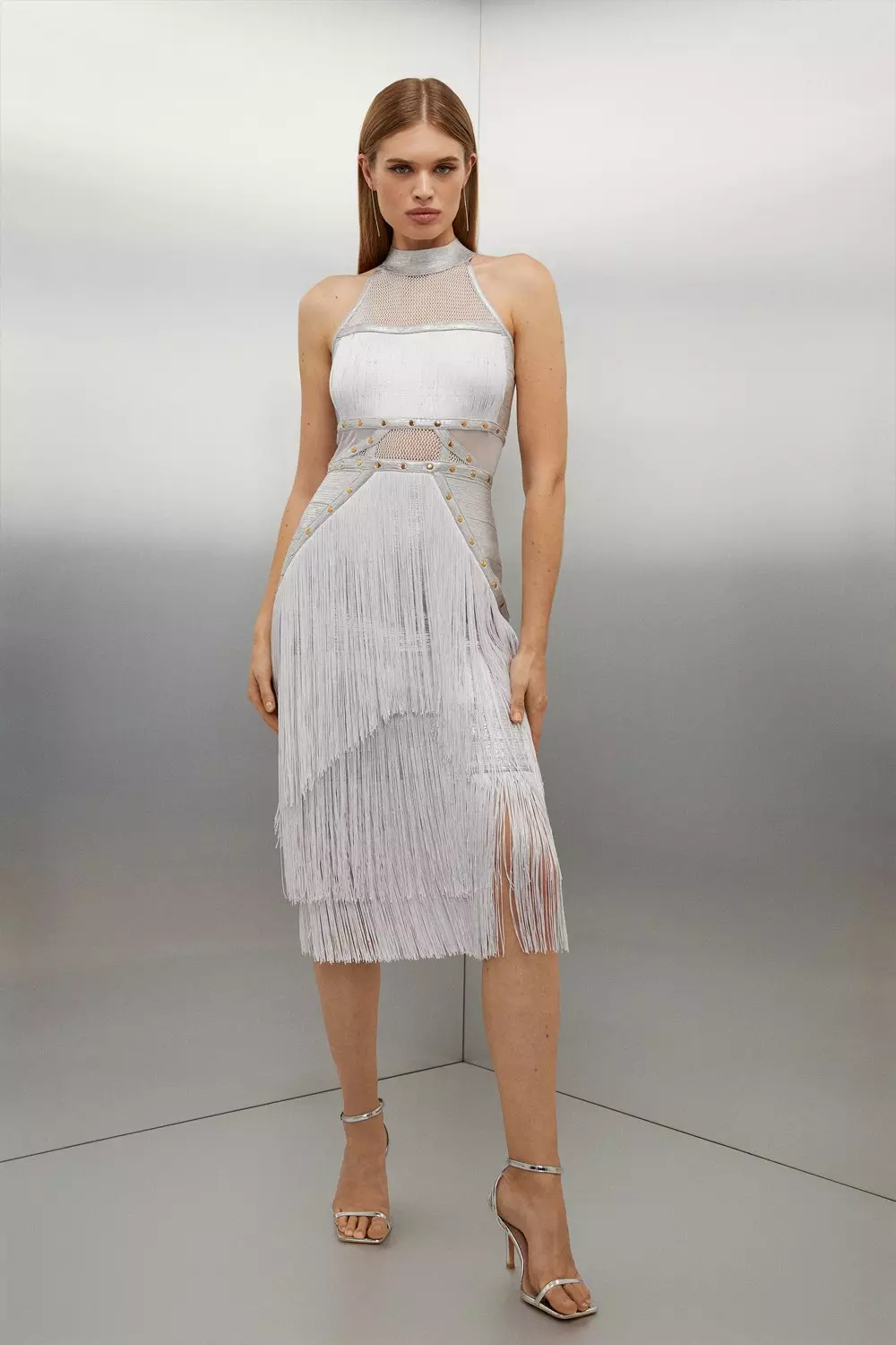 Foiled Figure Form Bandage Fringe Halter Knit Midi Dress | Karen Millen