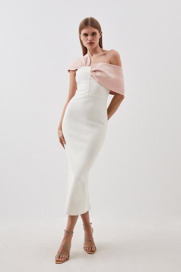 Cream White Figure Form Bandage Asymmetric Strap Knit Midi Dress