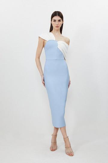Blue Figure Form Bandage Asymmetric Strap Knit Midi Dress