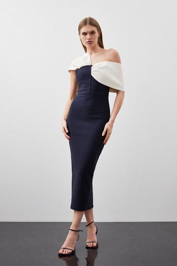 Navy Figure Form Bandage Asymmetric Strap Knit Midi Dress