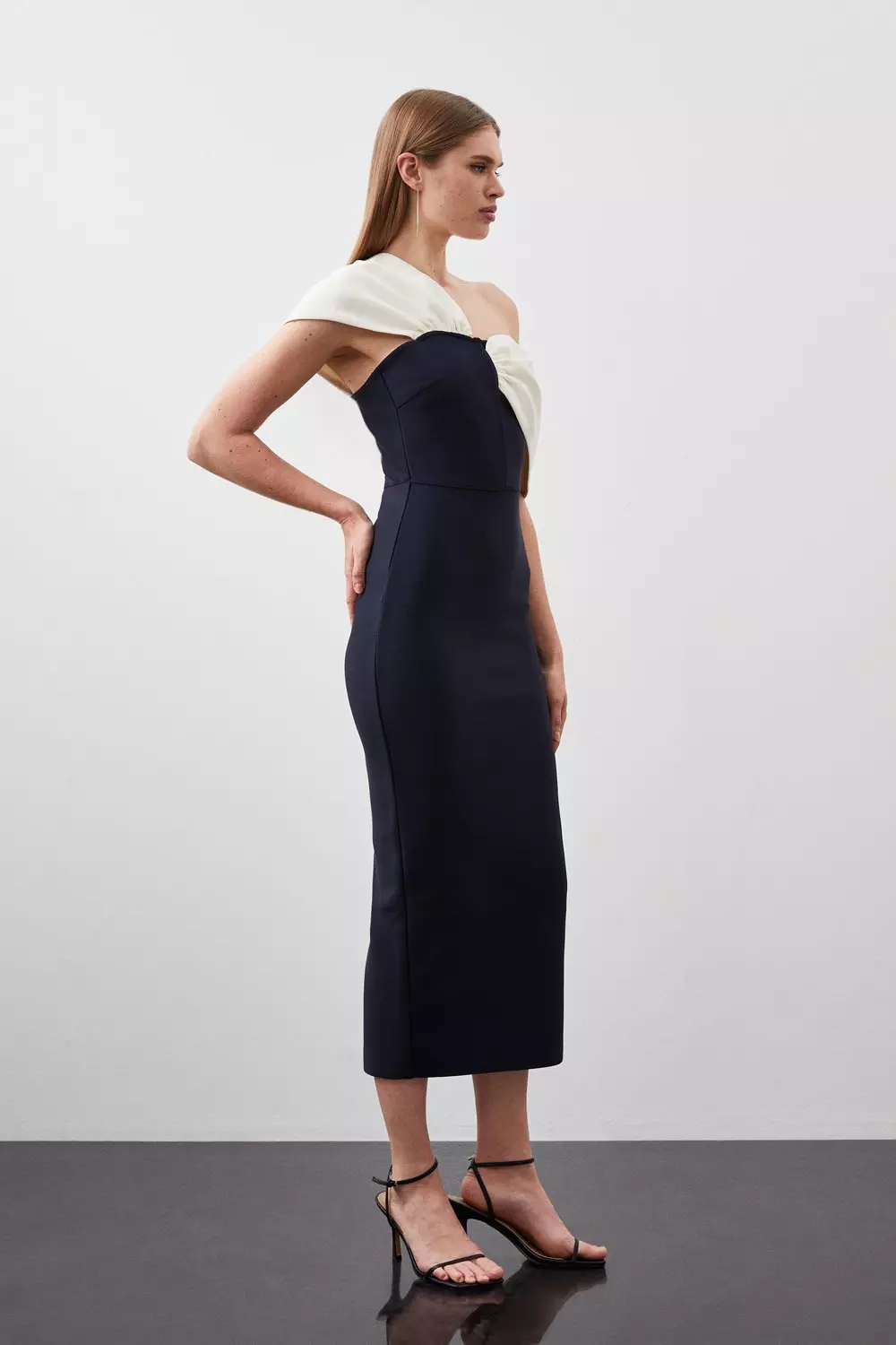 Asymmetric strap cheap midi dress