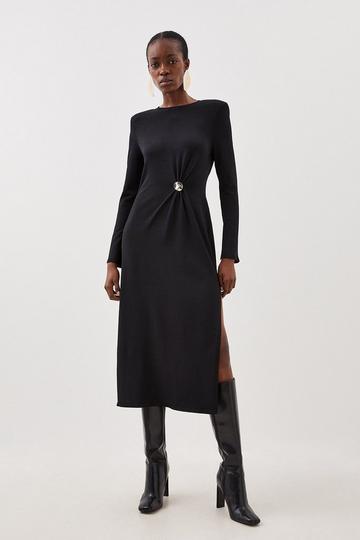 Premium Drape Knit Gathered Trim Detail Midi Dress black
