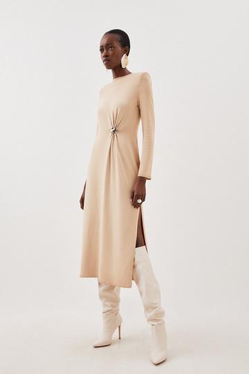 Premium Drape Knit Gathered Trim Detail Midi Dress natural