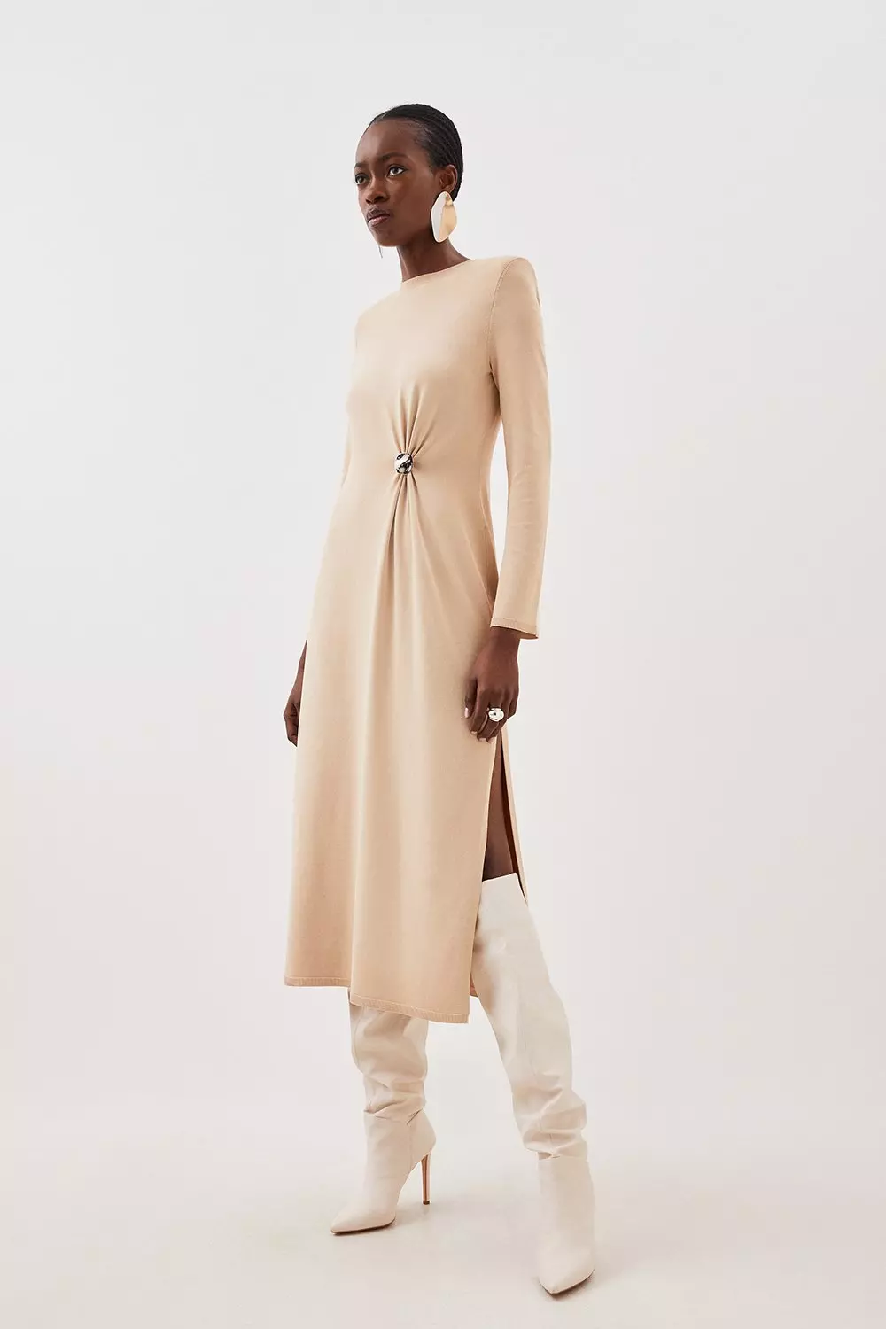 Beige long sleeve midi sales dress