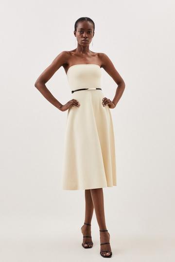 Premium Viscose Blend Body Contouring Belted Full Skirt Bandeau Knit Dress ivory