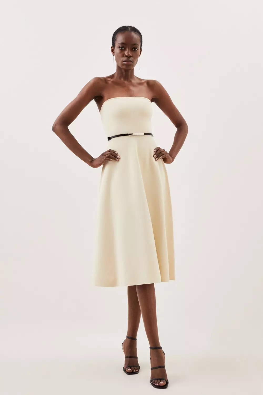 Premium Viscose Blend Body Contouring Belted Full Skirt Bandeau Knit Dress  | Karen Millen