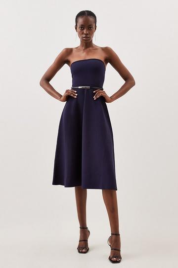 Premium Viscose Blend Body Contouring Belted Full Skirt Bandeau Knit Dress navy