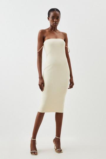 Ivory White Premium Viscose Blend Body Contouring Bracelet Trim Knit Dress