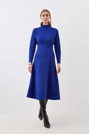 Premium Viscose Blend Body Contouring Cinched Waist Knit Batwing Dress cobalt