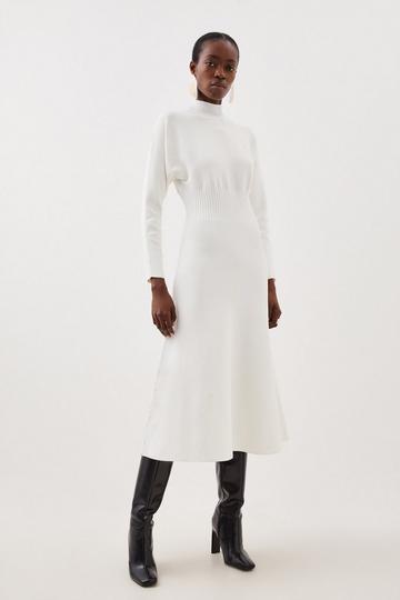 Cream White Premium Viscose Blend Body Contouring Cinched Waist Knit Batwing Dress