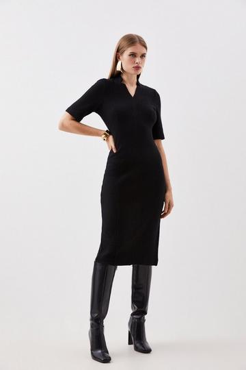Premium 100% Washed Wool Knit Midi Dress black