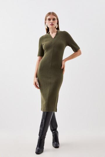 Premium 100% Washed Wool Knit Midi Dress moss