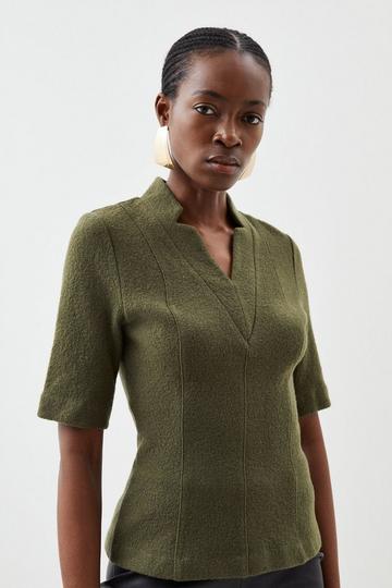 Premium 100% Washed Wool Structured Knit Top moss
