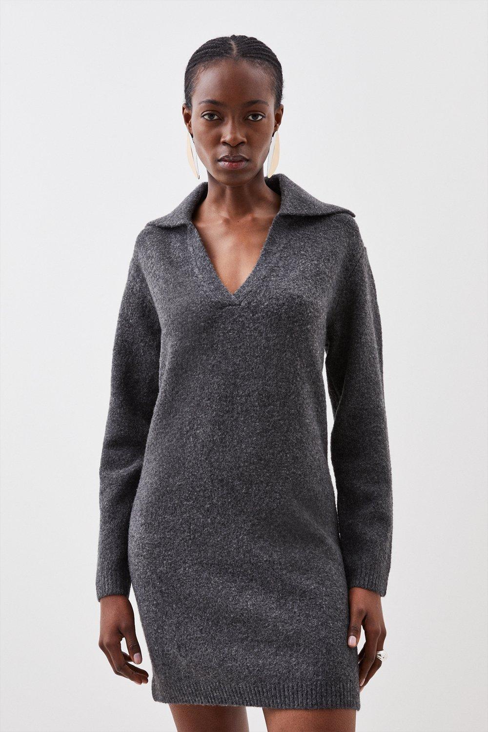 Straight knit dress shop with ruff collar