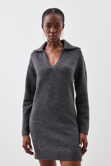 Wool Blend Lofty Knit Collared Dress charcoal