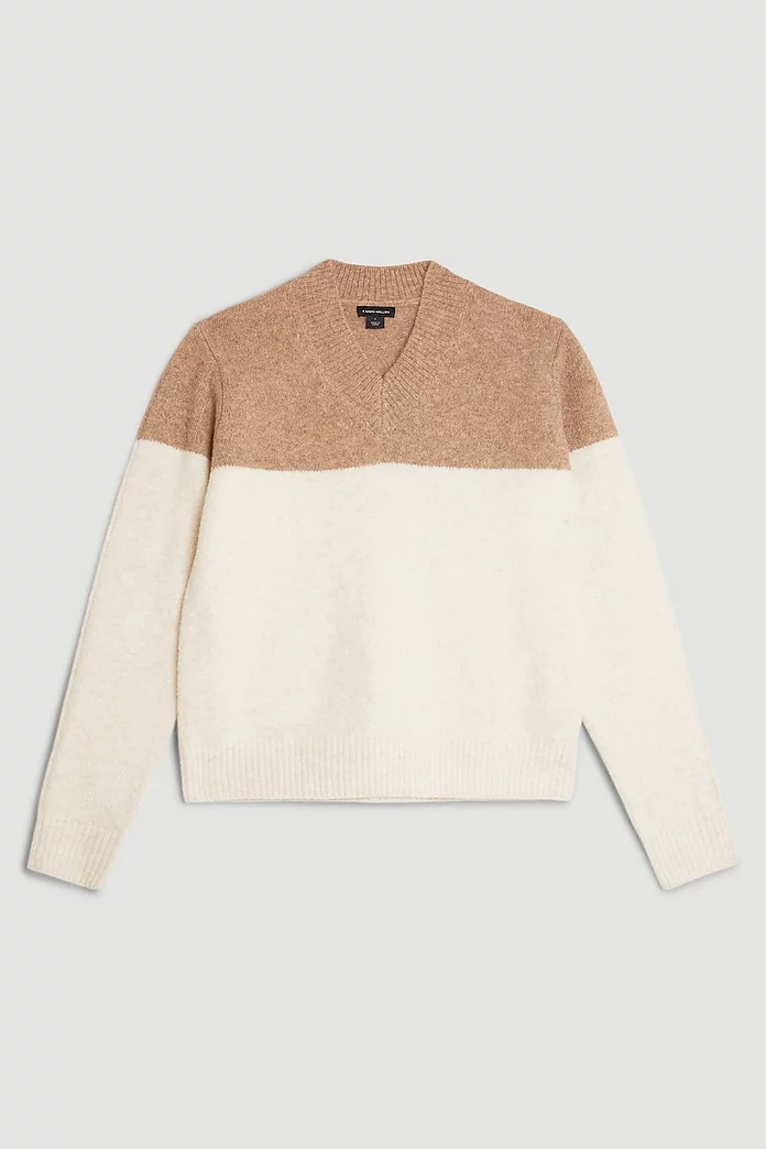 Wool Blend Lofty Knit Wool V Neck Color Block Sweater | Karen Millen