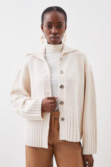 Wool Blend Lofty Knit Wool Collared Cardigan ivory