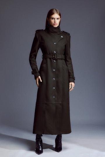 Khaki Tailored Wool Blend High Neck Belted Maxi Coat
