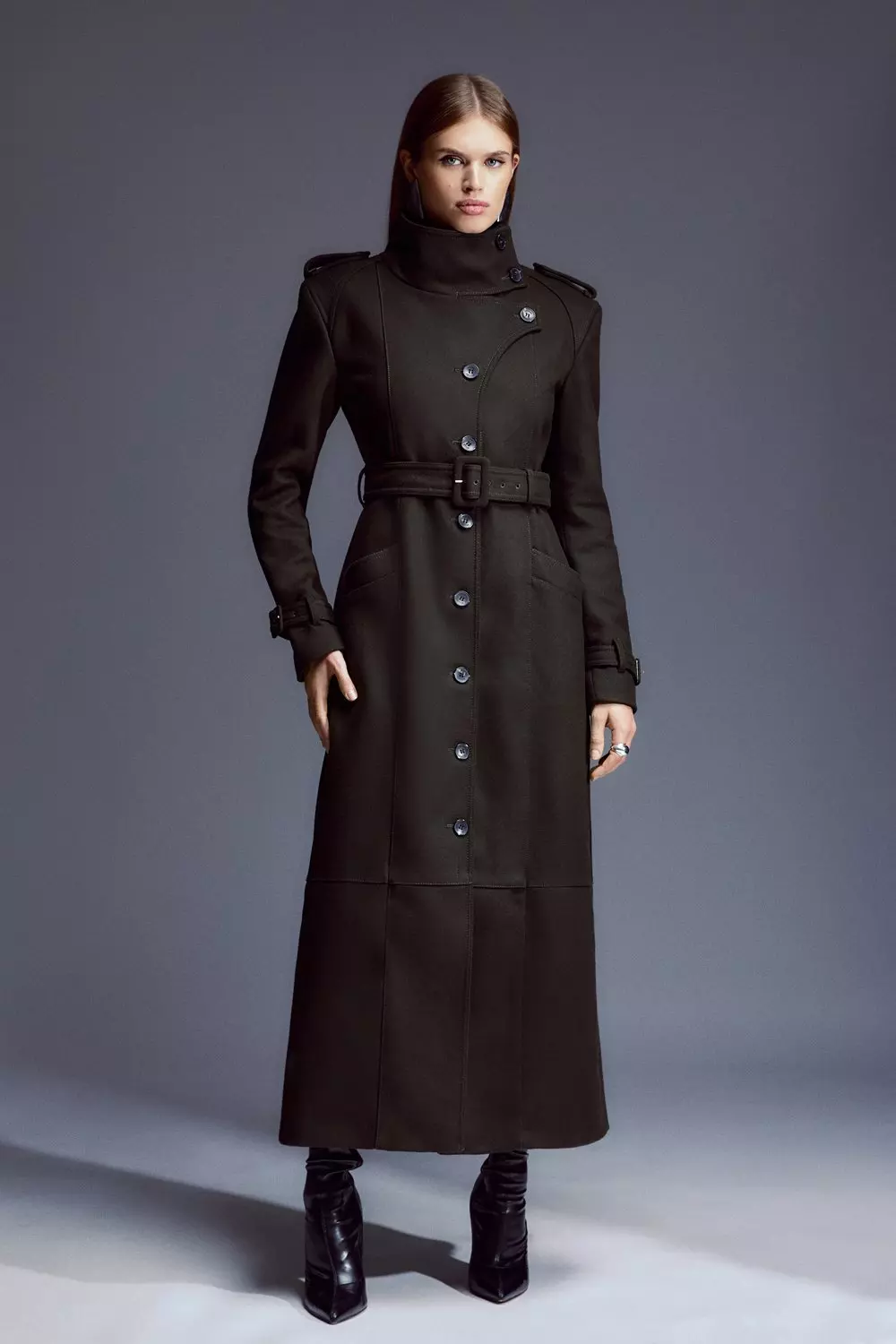 Leather and Wool-Blend Maxi Coat