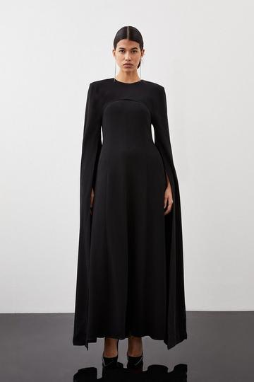 Premium Bonded Viscose Crepe Detachable Cape Woven Maxi Dress black