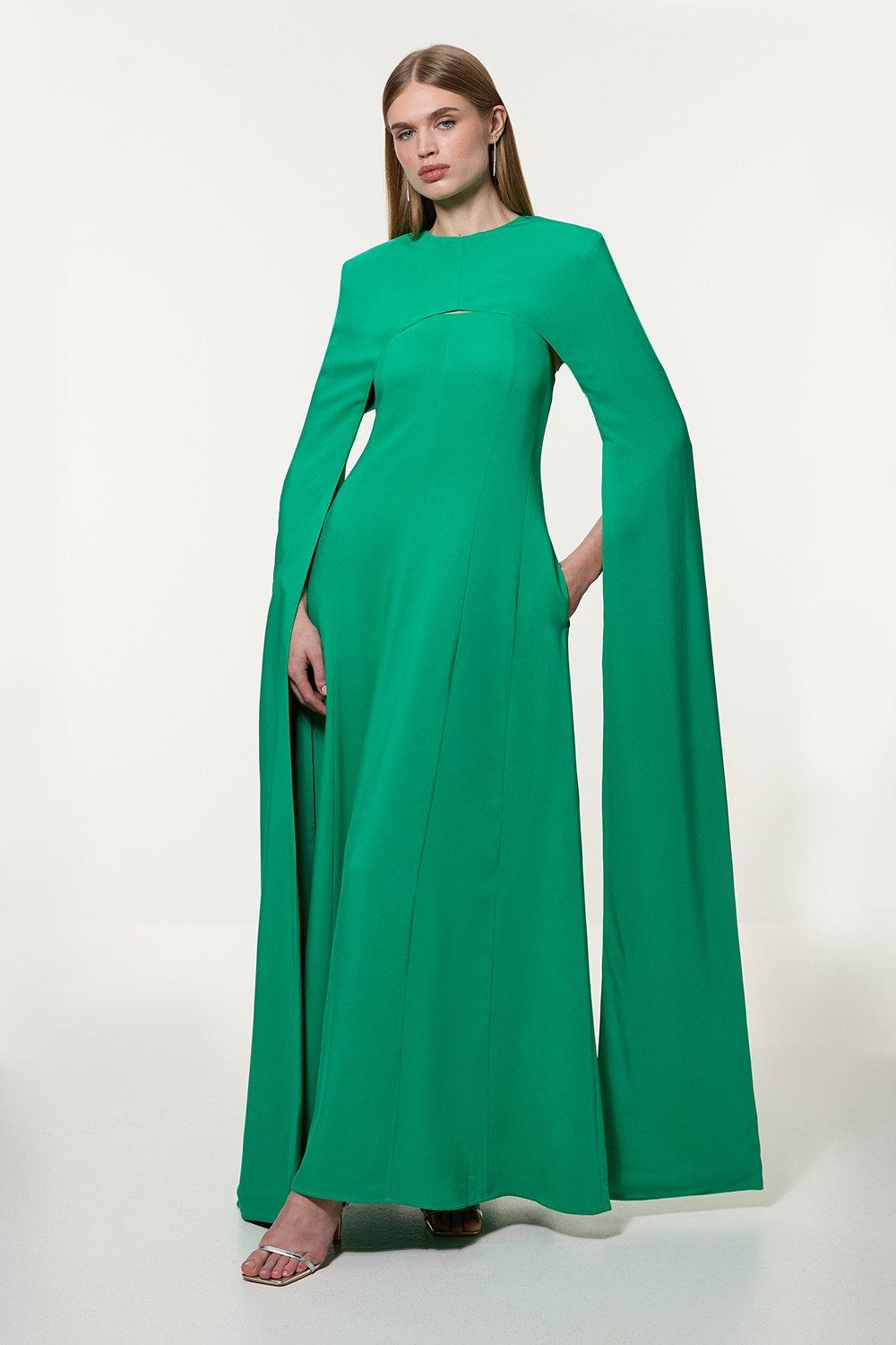 Premium Bonded Viscose Crepe Detachable Cape Woven Maxi Dress - Green