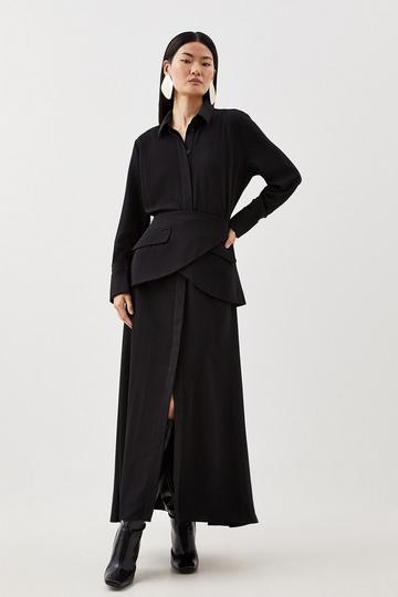 Black Soft Tailored Belted Maxi Shirt Dress