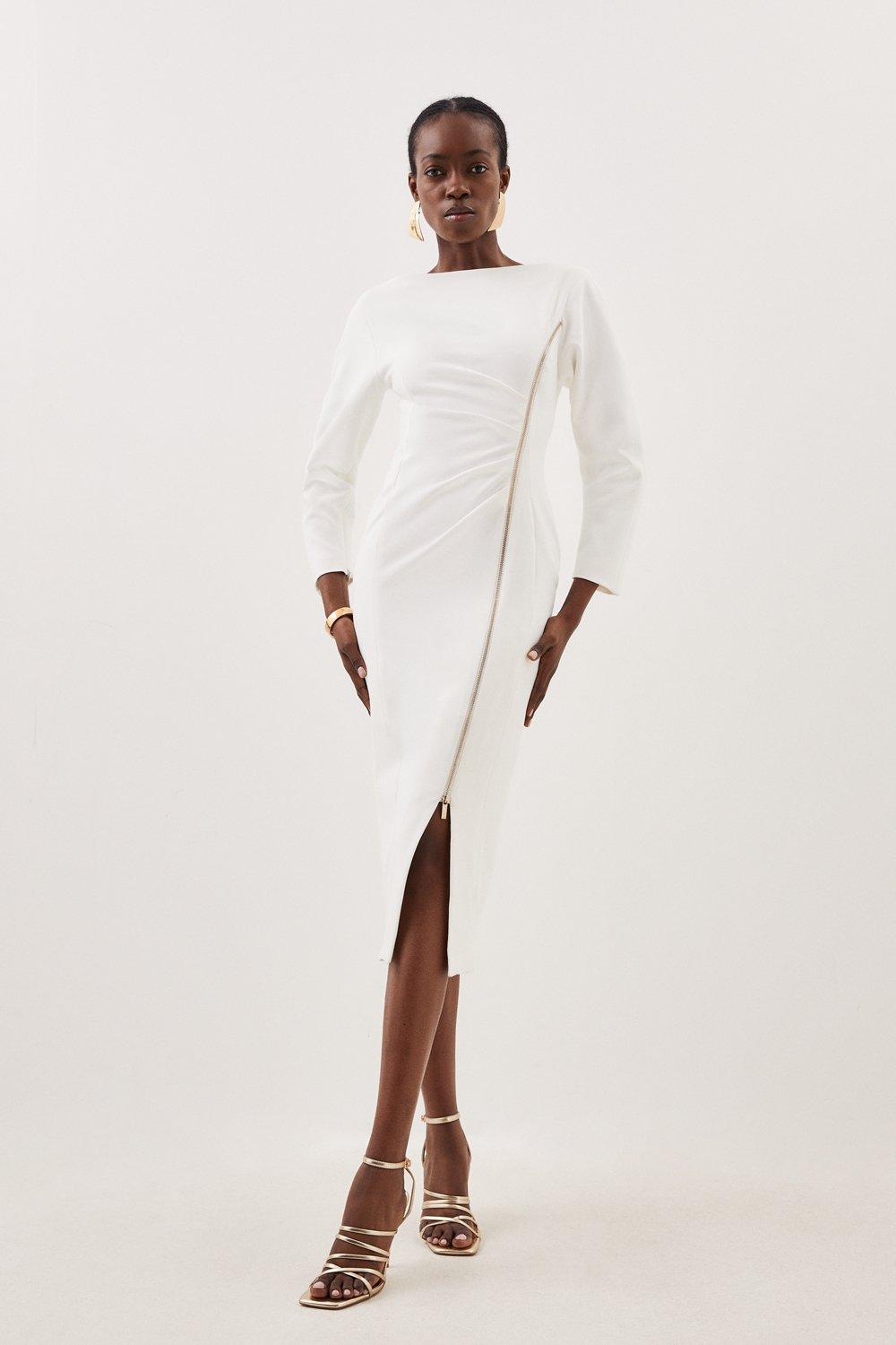 Tailored Compact Stretch Round Sleeve Ruched Midi Dress - Ivory