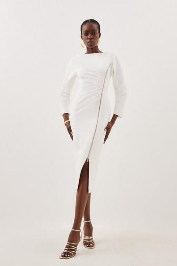 Tailored Compact Stretch Round Sleeve Ruched Midi Dress ivory