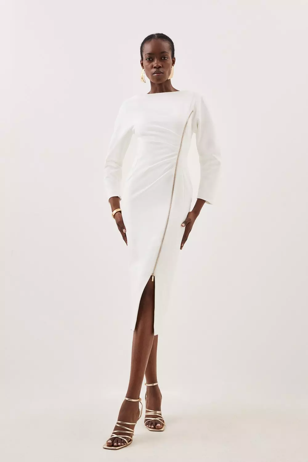 Ivory long store sleeve midi dress