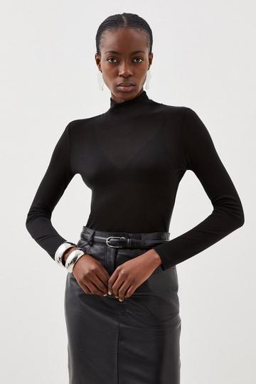 Black Premium Jersey Wool Blend High Neck Sleeve Top