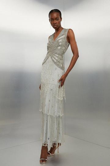 Silver Tall Embellished Beaded Woven Maxi Dress