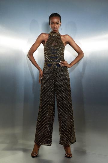 Embellished Beaded Woven Jumpsuit gold