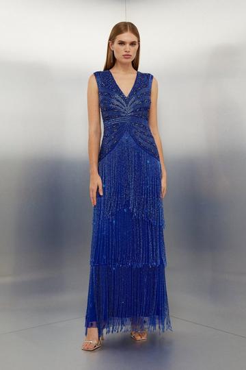 Embellished Beaded Woven Maxi Dress cobalt