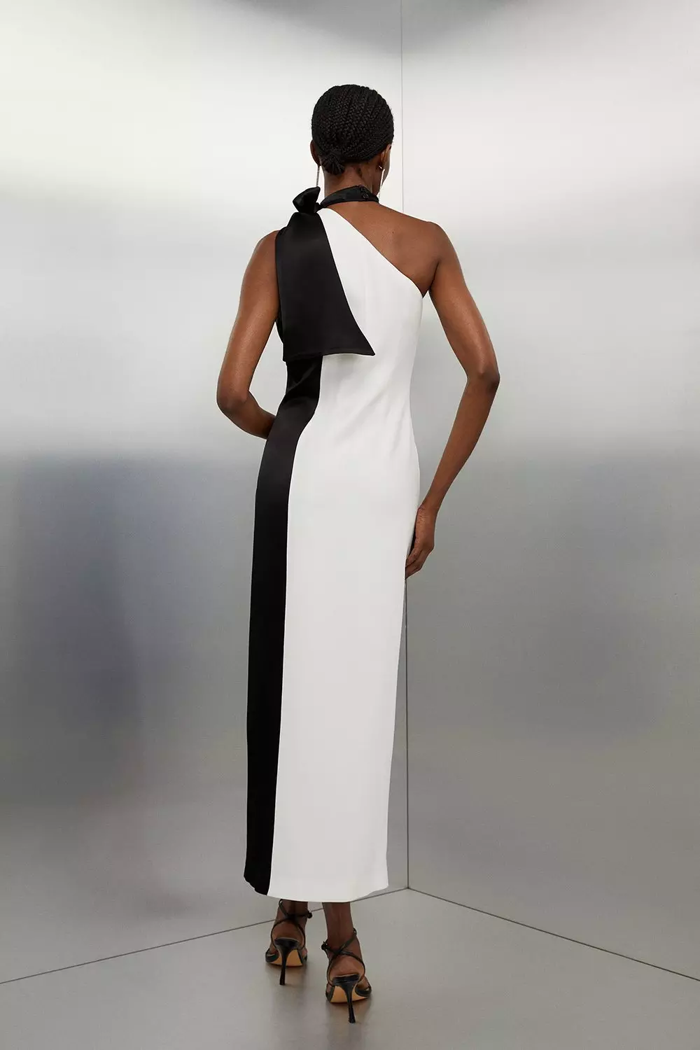 Tailored Satin Back Crepe Tie Neck Contrast Panel Maxi Dress Karen Millen