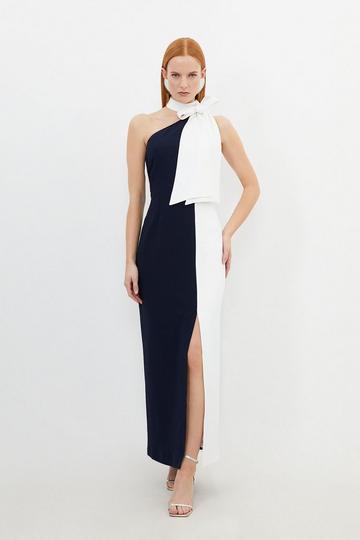 Tailored Satin Back Crepe Tie Neck Contrast Panel Maxi Dress navy