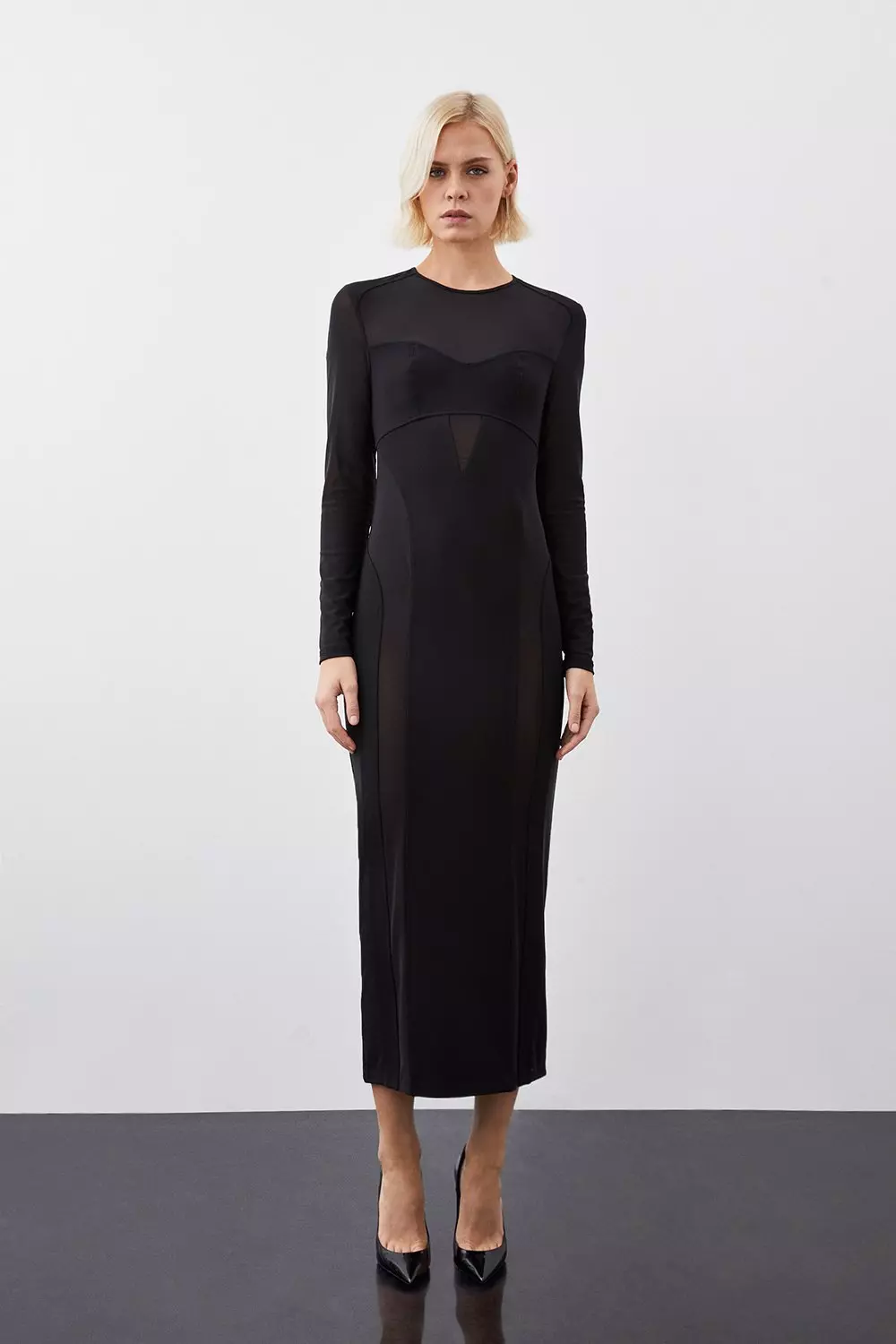 Shape Black Sheer Mesh Long Sleeve Midaxi Dress