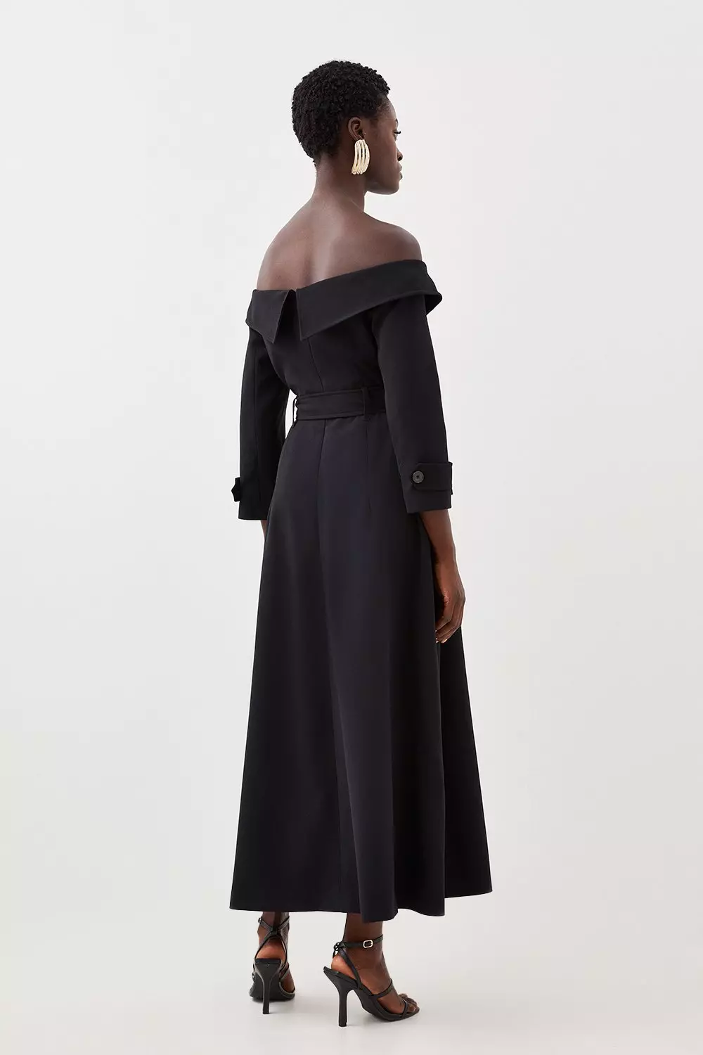 Black Ruched Shoulder Belted Pencil Dress