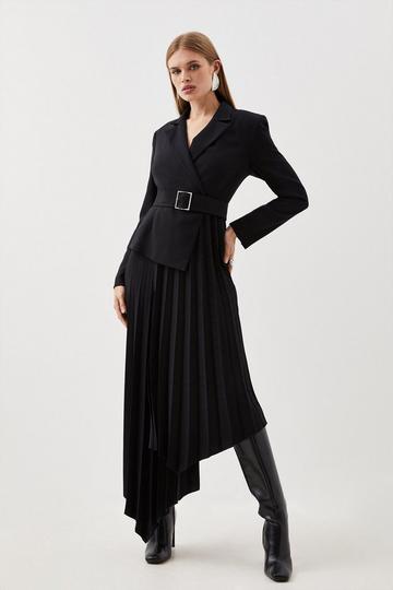 Black Tailored Blazer Belted Pleated Full Skirt Dress