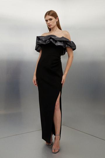Black Tailored Metallic Off Shoulder Drape Detail Side Split Pencil Dress
