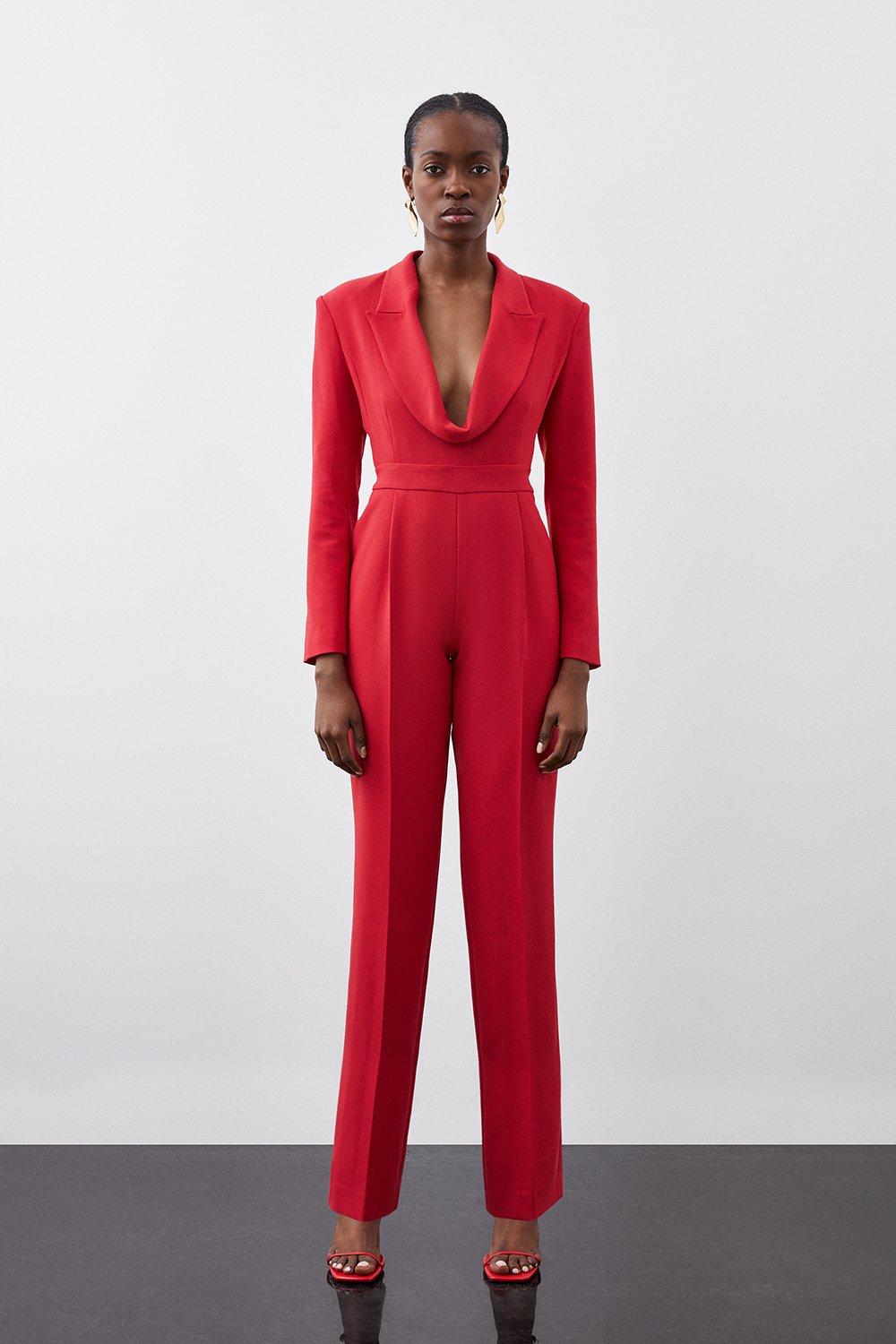 Curved Neckline Tailored Blazer Jumpsuit - Red