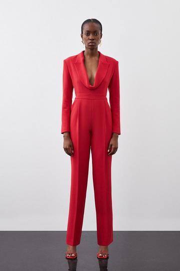 Curved Neckline Tailored Blazer Jumpsuit red