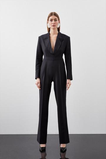 Black Wool Blend Curved Neckline Tailored Blazer Jumpsuit