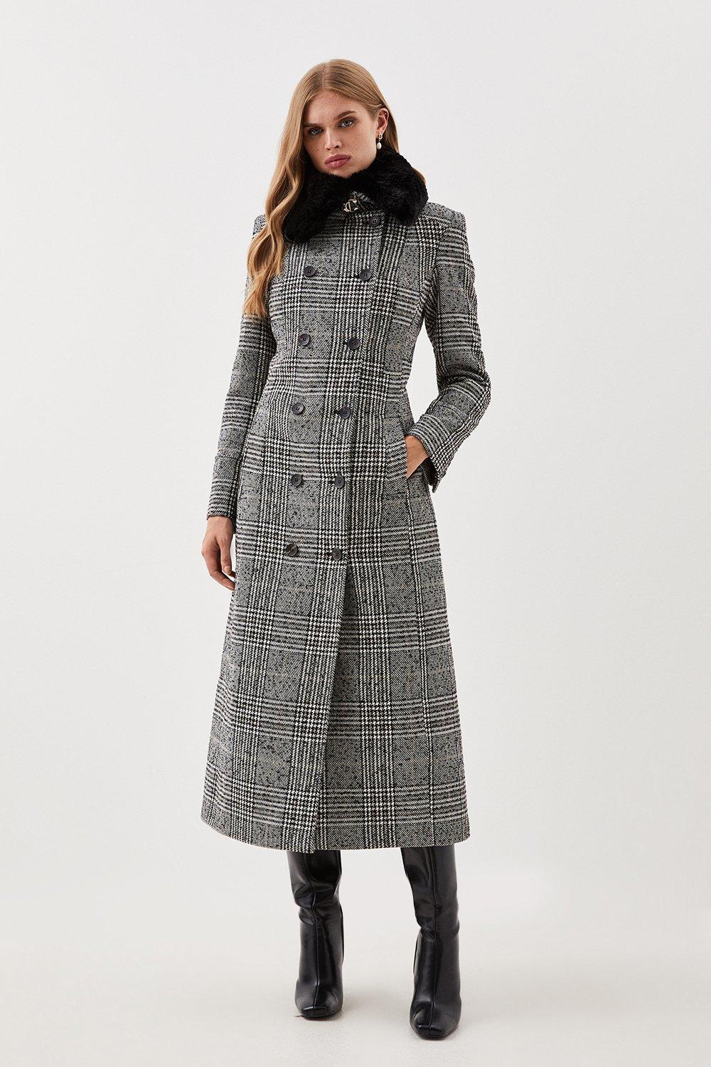 Lydia Millen Petite Tailored Check Faux Fur Collar Maxi Coat