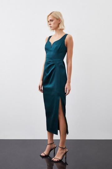 Tailored Italian Structured Satin Corset Detail Maxi Dress emerald