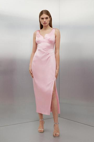 Pink Tailored Italian Structured Satin Corset Detail Maxi Dress