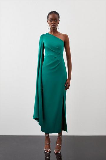 Tailored Satin Back Crepe Drape One Shoulder Maxi Dress emerald