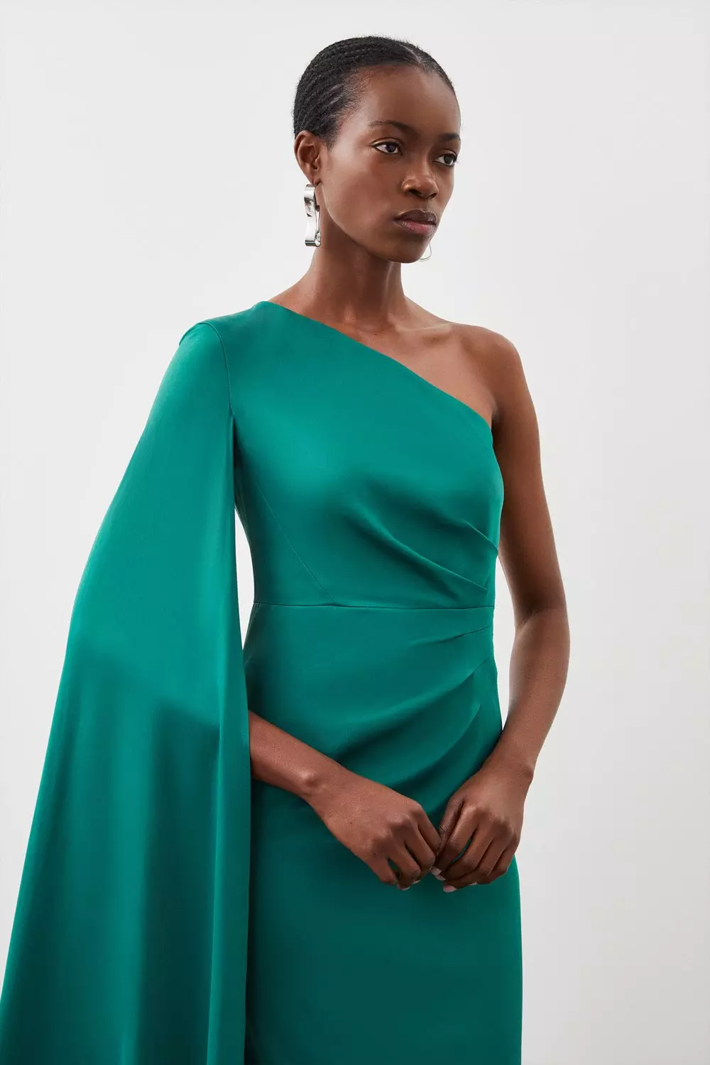 Tailored Satin Back Crepe Drape One Shoulder Maxi Dress