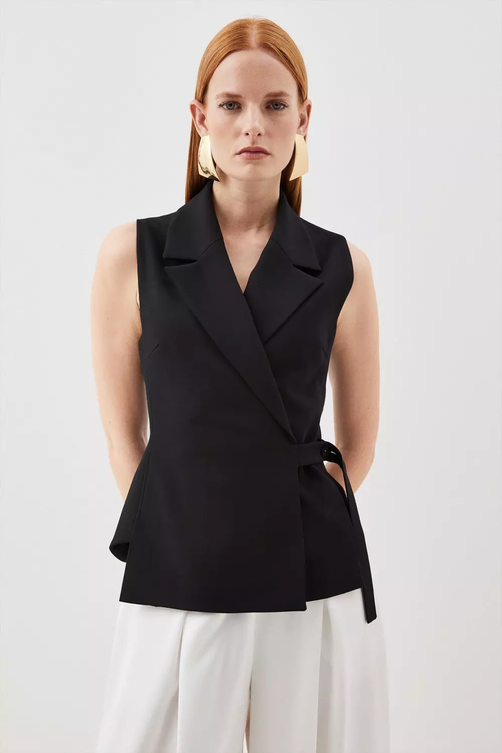 Tailored Compact Stretch Tie Tab Detail Sleeveless Blazer