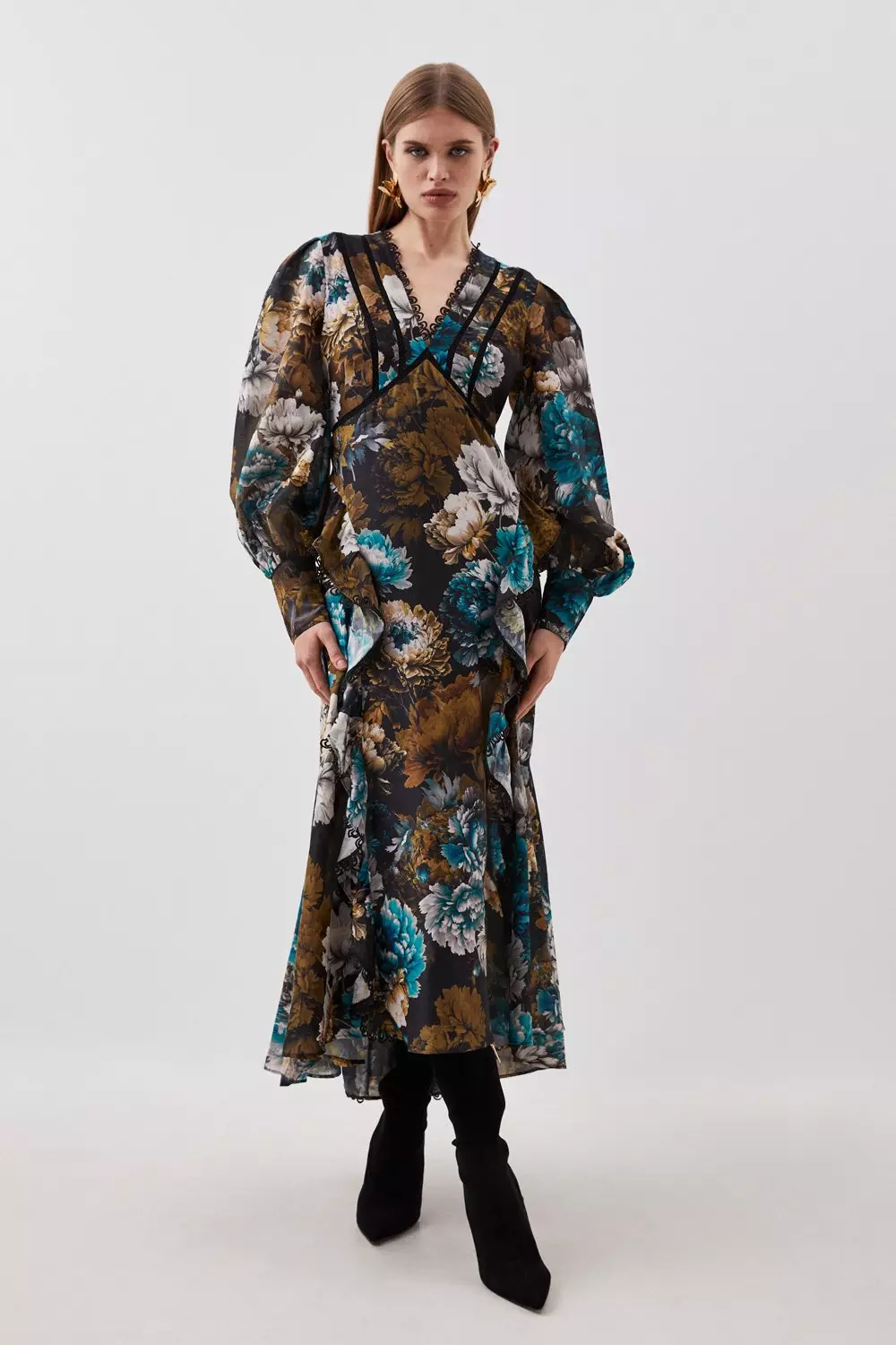 Winter Floral Printed Woven Maxi Dress | Karen Millen